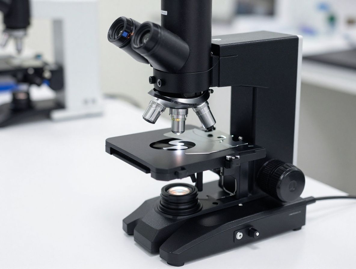 Microscopio de investigación científica profesional de color negro sobre mesa blanca de laboratorio, con muestras preparadas en portaobjetos, enfoque en la óptica y el detalle técnico del instrumento