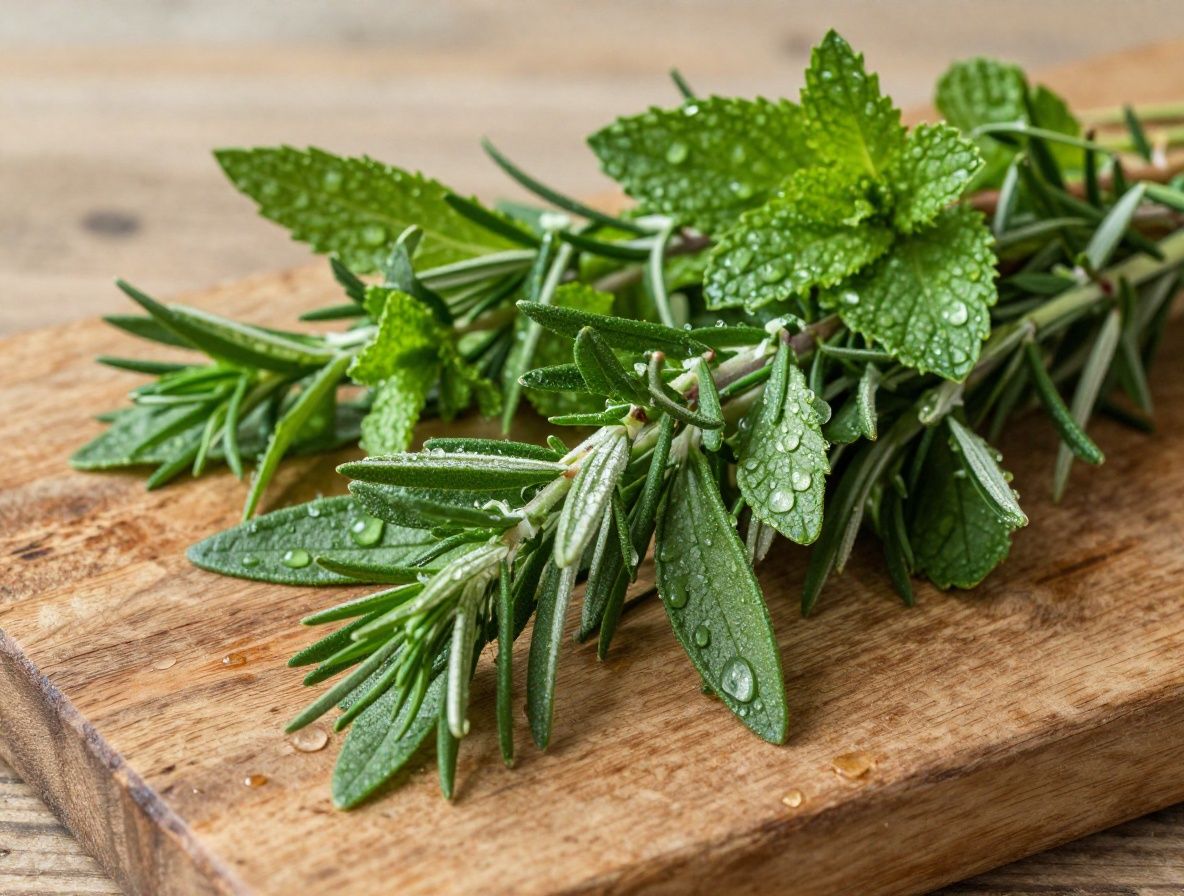 Ramo de hierbas frescas aromáticas sobre mesa de madera rústica: romero, tomillo, salvia y menta, con gotas de agua en las hojas y luz natural de ventana iluminando el verde intenso