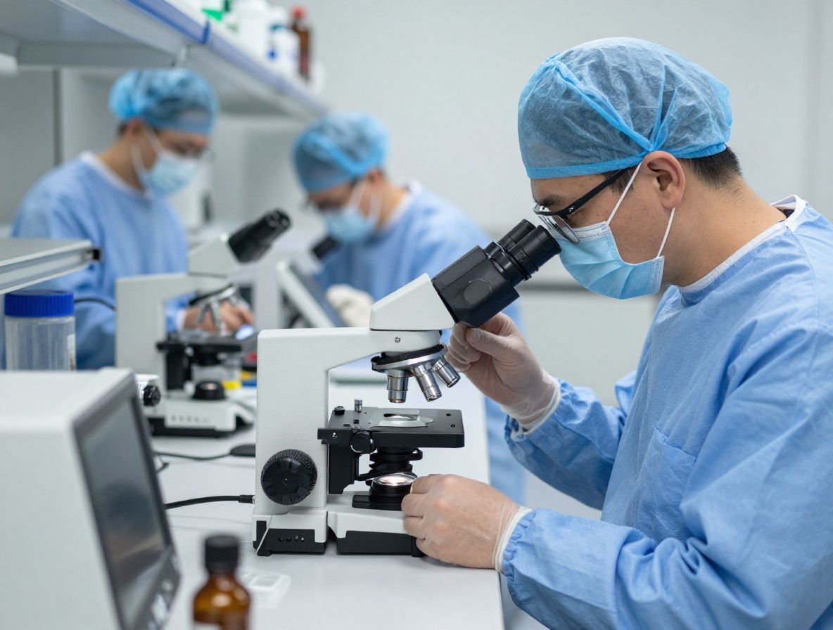 Científico de investigación en bata blanca analizando muestras en microscopio electrónico en laboratorio moderno, enfoque en el procedimiento técnico, equipos de alta precisión y ambiente profesional ordenado