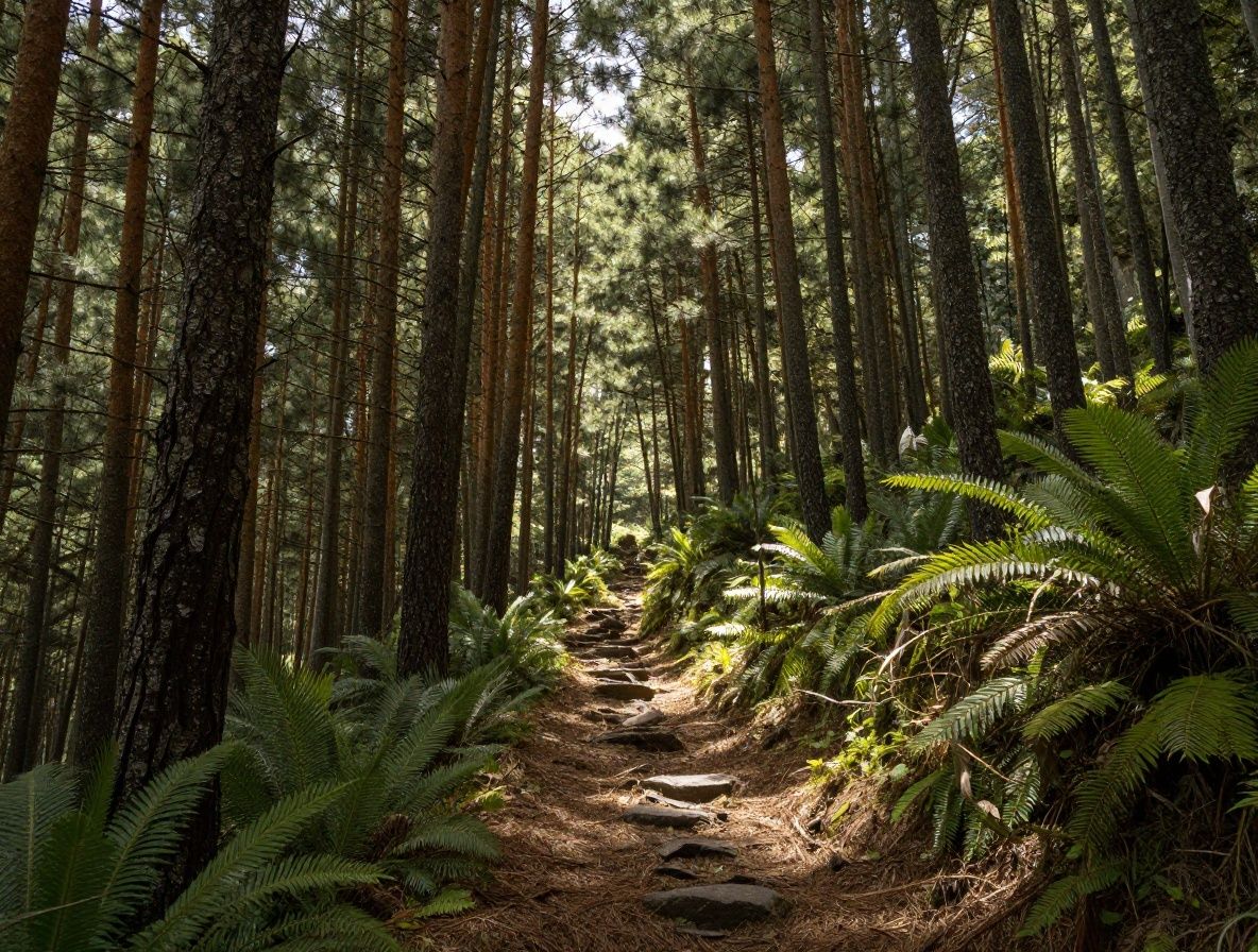 Caminata en sendero de montaña entre bosque denso de pinos, luz filtrada a través del dosel arbóreo creando rayos de luz verde y dorados, atmósfera de tranquilidad y conexión con la naturaleza