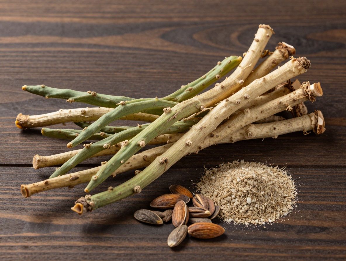 Colección de ingredientes naturales orgánicos sobre superficie de madera oscura: raíces secas, extractos de plantas, semillas y hierbas aromáticas en tonos tierra y verdes, con iluminación cálida lateral que revela las texturas detalladas de cada elemento