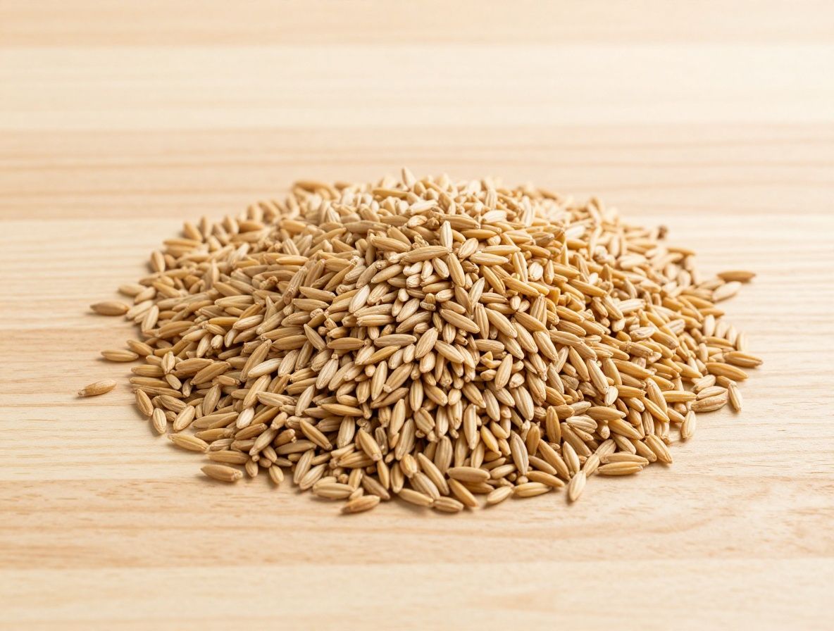 Granos de trigo germinado y levadura nutricional sobre mesa de madera clara, con iluminación natural suave que resalta los tonos dorados y amarillos de los granos, composición artística con textura rústica