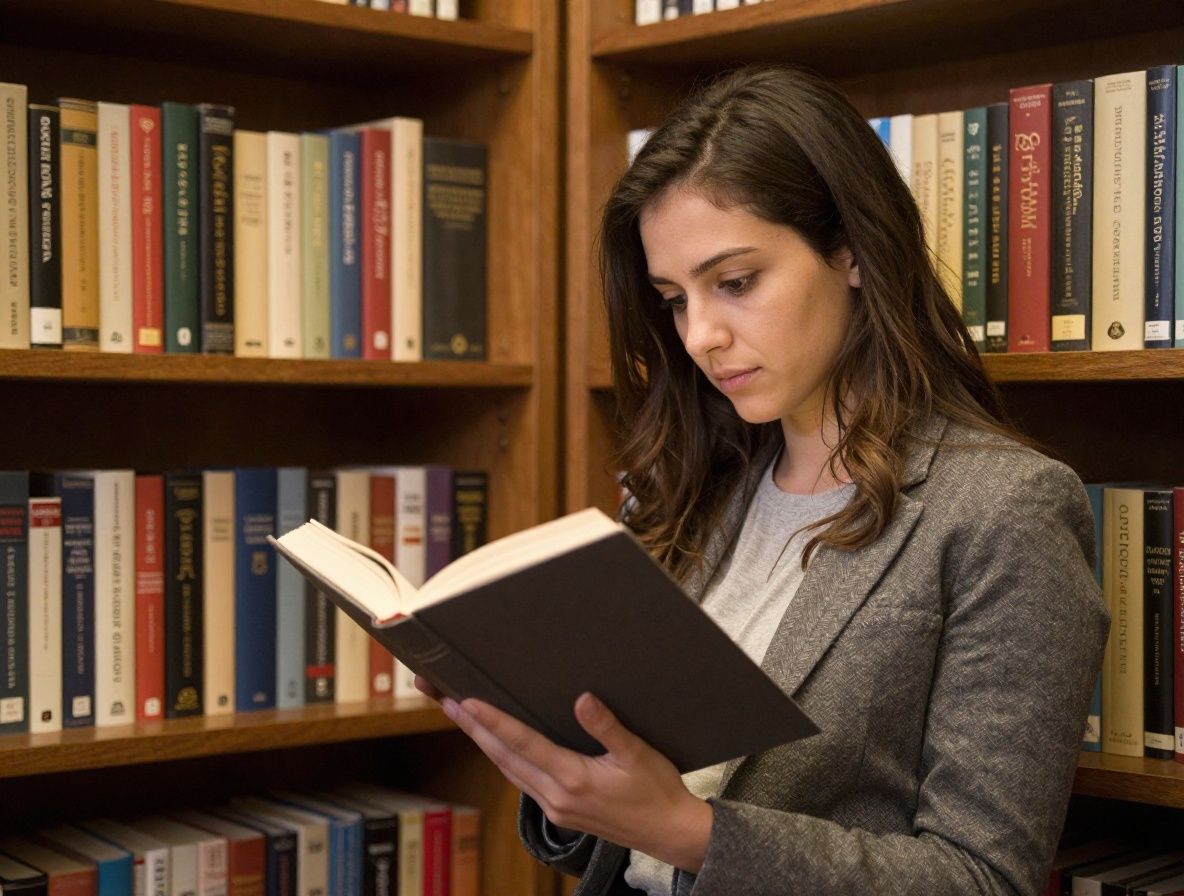 Persona leyendo un libro científico grueso en biblioteca universitaria con estanterías de madera oscura llenas de volúmenes académicos al fondo, luz cálida de lámpara de escritorio que ilumina las páginas abiertas
